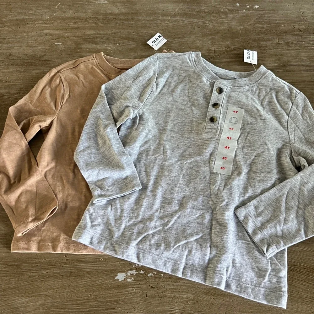 NEW Old Navy Boys 4T Henley Shirts 2 Pack Long Sleeve Gray Tan Slub Knit BTS